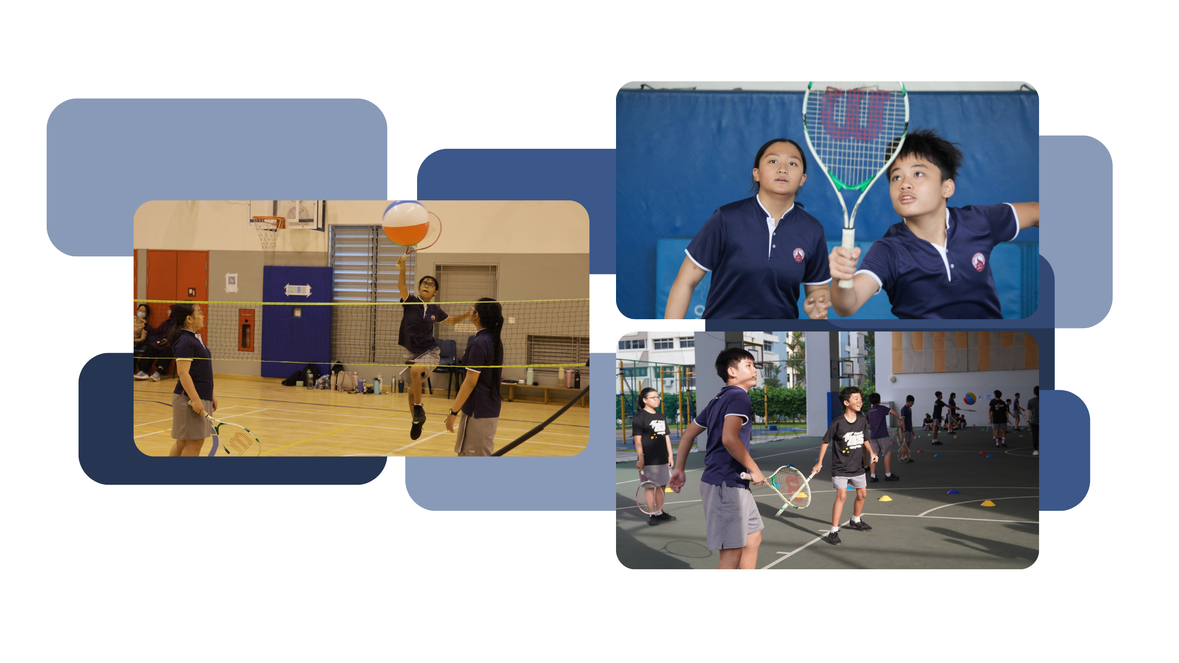 P6 students at P6 Innovative Games, with students playing a beach ball net game in a gym, two students holding tennis rackets and looking up at a ball, and students practising racket skills in the Indoor Sports Hall.